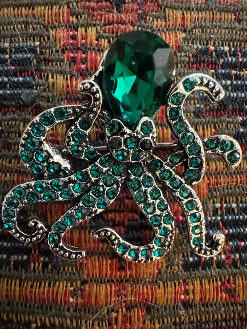 NWOT Emerald Octopus Rhinestone Brooch - Green Crystal Accent